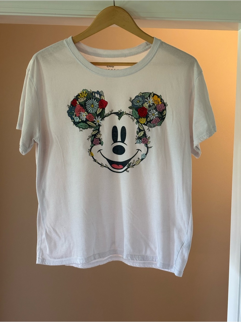 Disney White Tee with Floral Mickey Mouse Face Embroidered Ears